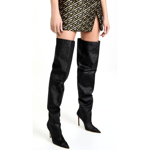 Good American NEW Slouch Over the Knee Black Glitter Stiletto Heel Boots 7 - Picture 1 of 13